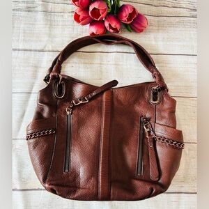 B. Makowsky Brandy Brown Alice Leather Zipper Chain Accent Hobo Shoulder Bag